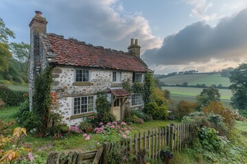 A charming countryside cottage with a flower garden, picket fence, and rolling green fields surrounding it.  © Nico