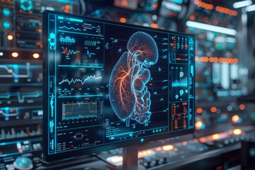 Fototapeta premium Detailed medical interface showing a 3D organ scan, copy space, diagnostic imaging, futuristic, composite, radiology department backdrop
