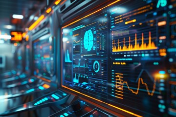 Naklejka premium Closeup of a futuristic medical interface screen, focus on, advanced technology, vibrant, composite, modern hospital backdrop