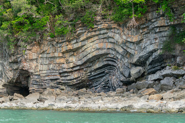Amazing hillside cliff with compressed layer rock structure or call Pancake rock in the nature...