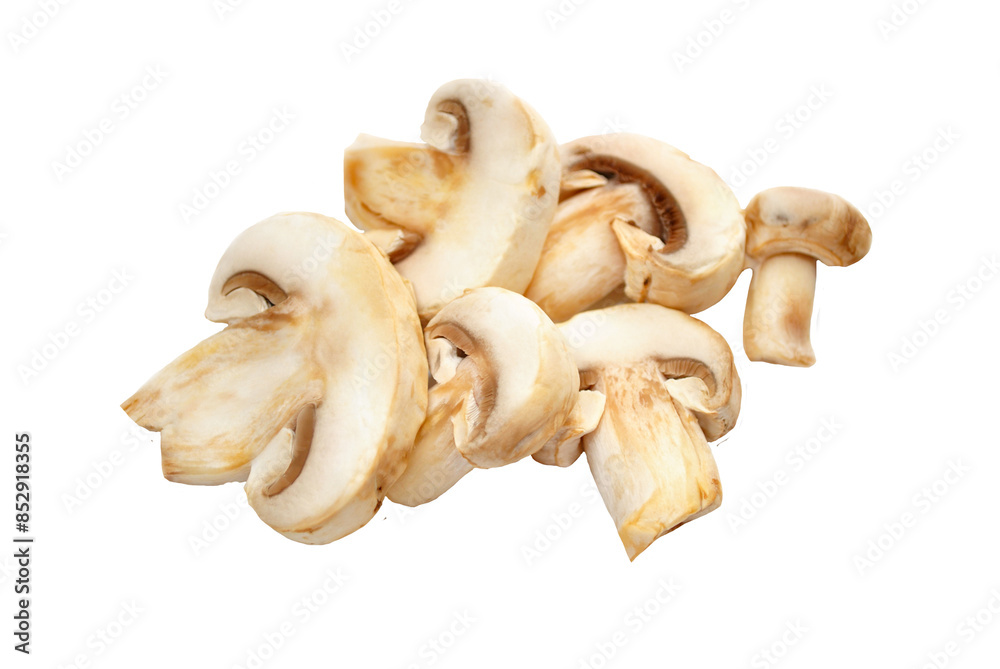 Wall mural white mushrooms sliced isolated on a transparent background.