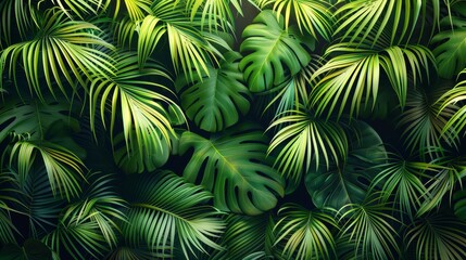 Naklejka premium Lush green tropical leaves create a vibrant natural background.
