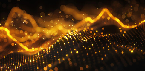 Digital stock market graph with golden light on black background