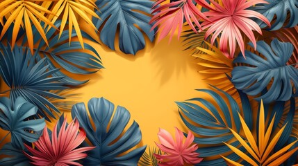 Vibrant tropical leaves arranged in a circular frame, creating a bright and colorful background.