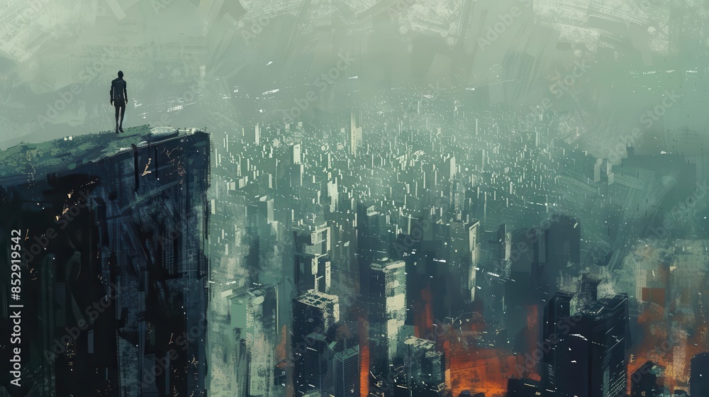 Wall mural man standing on edge of tall skyscraper rooftop cityscape view conquering fear concept digital paint