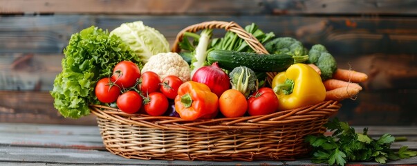 Colorful Fresh Vegetables in Wicker Basket on Rustic Wooden Background