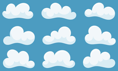 Set of cute cartoon clouds, isolated on blue background