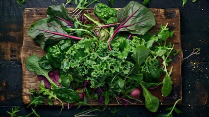 Fresh Greens on Rustic Wooden Board, Top View