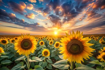 Fototapeta premium Golden Sunflowers Blooming Under a Colorful Sunset Sky