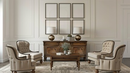 Sophisticated living space with classic furniture and blank picture frame mockup on wall