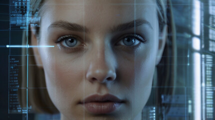 Futuristic portrait of IT specialist analysing data on transparent screen in front of her, information  AI technology, cyber security concept