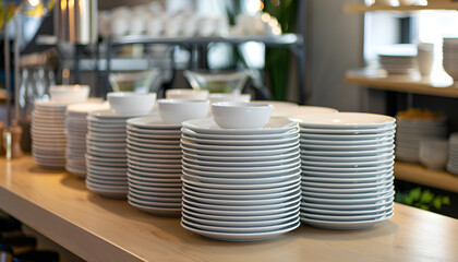Stacks of Plates and Serving Dishes Ready for a Restaurant or Cafe Buffet
