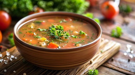 Close-up of Rustic Bowl with Tomato Soup and Fresh Parsley