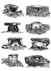 Graphical big collection of dolmens from Caucasus , Korea, India on white background,vector illustration	