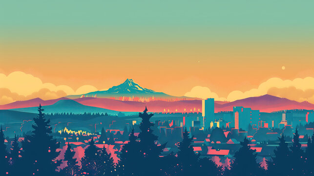 Risograph print travel poster illustration of Eugene, Oregon, modern, isolated, clear, simple. Artistic, stylistic, screen printing, stencil, stencilled, graphic design. Banner, wallpaper