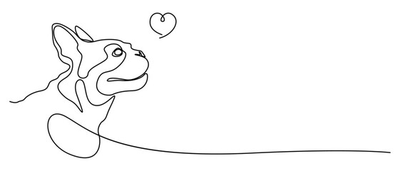 Linear drawing of a French bulldog muzzle, dog and heart. A dog is man's best friend. Cute dog face, minimalism. Pet tattoo