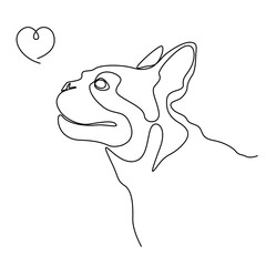 Linear drawing of a French bulldog muzzle, dog and heart. A dog is man's best friend. Cute dog face, minimalism. Pet tattoo