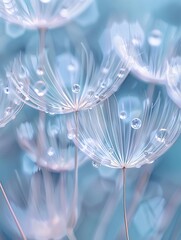 Delicate dandelion seeds with water droplets, soft pastel blue background.