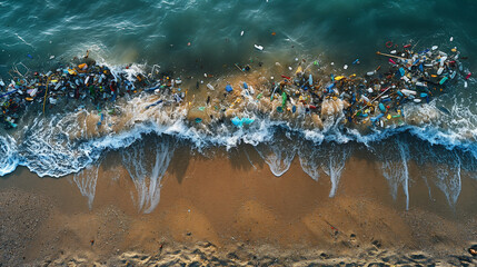 A high-resolution photograph of a beach with many plastic waste, aerial view and panoramic view. Background: clear sky. Colors: natural tones with moonlit waves and sandy shore. Lighting: soft natural