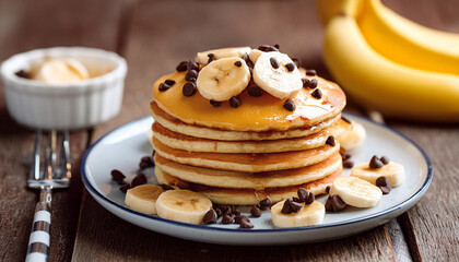 Tasty pancakes with banana and chocolate chips. Delicious food for breakfast. Sweet dessert.