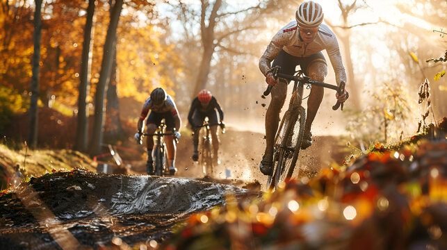 A skilled trial biker executes a precise maneuver on rugged terrain, showcasing balance and control