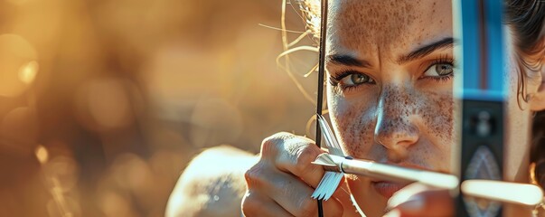 Close-up of a woman's face, eyes focused on the target as she draws a bow.