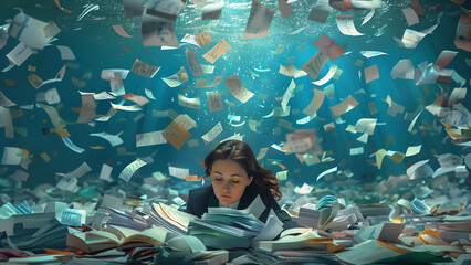 Very tired woman is underwater surrounded by endless piles of documents and floating papers. Stress by workload metaphor. Business management and mental health at work concept