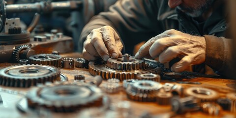 An Elderly Mechanic Works on a Machine with Gears