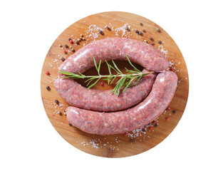 Fresh sausages with rosemary and spices on a chopping board isolated on transparent background, top...