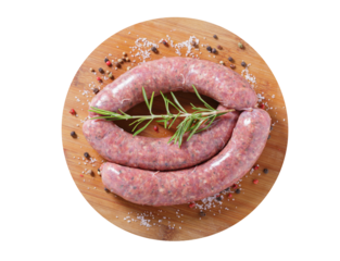 Fresh sausages with rosemary and spices on a chopping board isolated on transparent background, top view