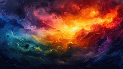 A captivating abstract acrylic painting of clouds in vibrant warm and cool tones