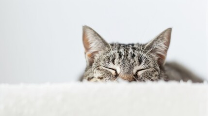 Fototapeta premium Close up view of Gray tabby cute kitten with blue eyes. Pets and lifestyle concept. Lovely fluffy cat on grey background.