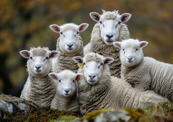 Fototapeta premium Sheep and Lambs Facing Forward with Focus