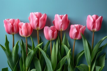 Fototapeta premium Pink Tulips on Blue Background