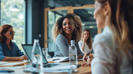 Focus on the female boss during a meeting with the team