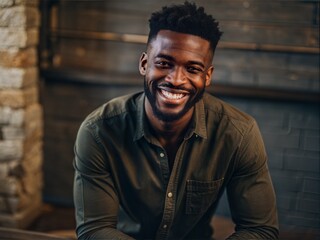 A man with a big smile on his face is wearing a green shirt