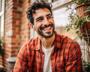 A man with a beard and a red plaid shirt is smiling