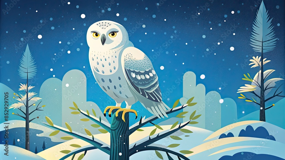 Poster A white owl perched on a snowy branch at night.