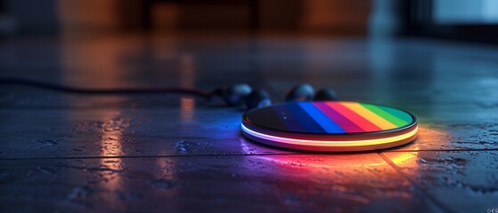 Fototapeta premium Glowing Rainbow Pride Wireless Charging Pad Energizing Earbuds - LGBTQ+ Pride Concept with Copy Space
