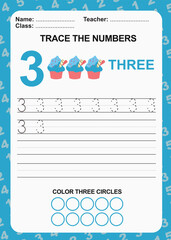 Trace and write number for children. Exercise for children to recognize the number. Educational worksheet for preschool