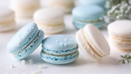 Fototapeta premium Delicious pastel macarons on table. French dessert. Sweet and tasty food.