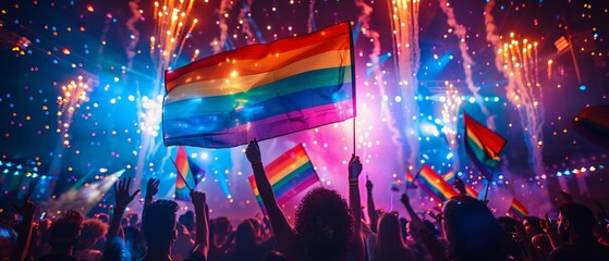 Pride Month Celebration - Silhouette of Cheering Crowd with Rainbow Flags and Fireworks Display for LGBTQ Rights Event with Copy Space