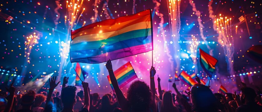 Pride Month Celebration - Silhouette of Cheering Crowd with Rainbow Flags and Fireworks Display for LGBTQ Rights Event with Copy Space