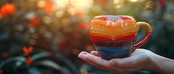 Love and Pride: Hand Holding Heart-Shaped Pride Flag Mug with Customizable Space for Name or Message, Ideal Pride Month Gift