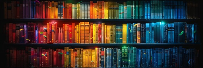 Diverse Identity Bookshelf: Colorful Books with Rainbow Flags and Symbols, Space for Text.