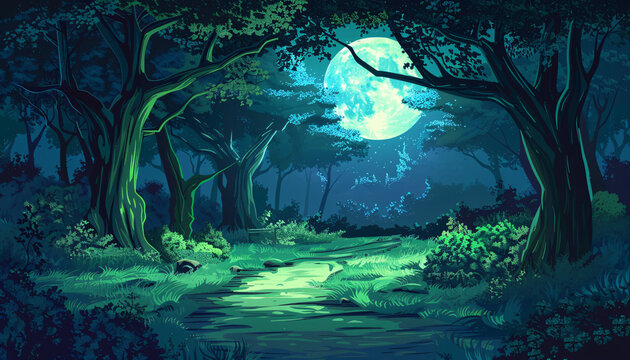 A dark green forest with a path in the middle of the night, illuminated by lunar light, evoking a werewolf concept. Suitable for fantasy or horror themes.