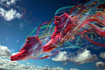 a surreal artwork of red sneakers leaving colorful trails in the air
