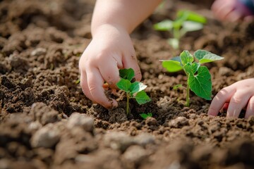 Close-up of a child's hand planting a tiny sapling in soil, promoting eco-friendly practices for Earth Day.