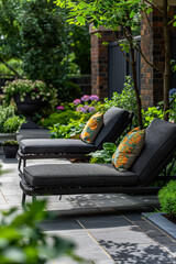 Photography of new stunning inviting garden and garden furniture. High-key, use perspective, depth, architectural digest