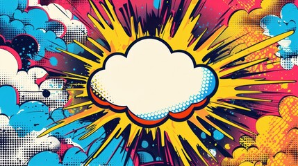 Obraz premium Vivid comic-style burst with an empty speech bubble, surrounded by explosive colors and patterns, ideal for creating dynamic visual content